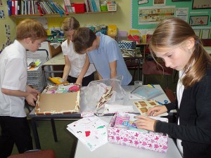 School council leaders co ordinate the filling of the shoe boxes to send to Eastern Europe